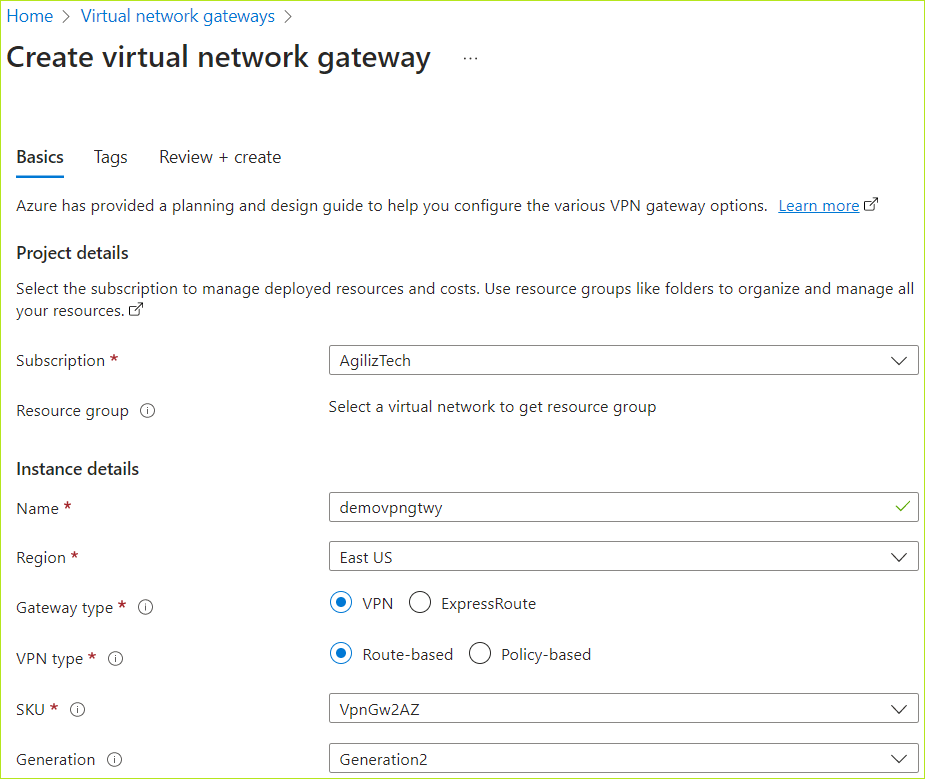 Creating Azure VPN Gateway