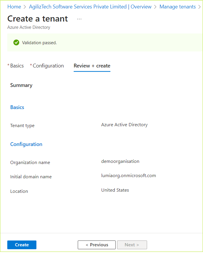 Creating Azure Active Directory - Validation Passed
