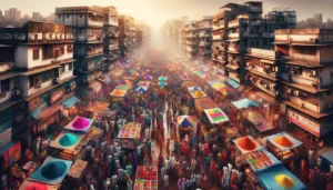 A-panoramic-view-showcases-a-bustling-city-square-during-Holi-festival